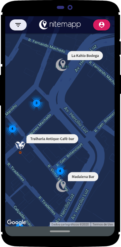 Ilustração do mapa do Nitemapp num celular