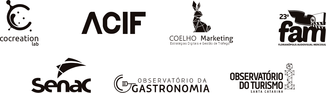 Logos dos parceiros institucionais: ACIF, SENAC, FAM, Observatório do Turismo de Santa Catarina, Coelho Marketing e Cocreation Lab